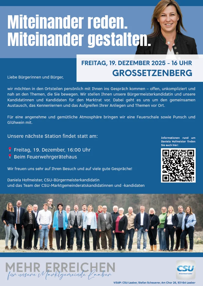 "Miteinander reden – Miteinander gestalten“: Nächste Station am Freitag, 19.12.2025 in Großetzenberg